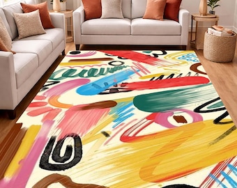 Tappeto moderno con motivo astratto a pennellate colorate, morbido, lavabile, ideale per arredare il soggiorno, tappeto artistico contemporaneo, perfetto come regalo.