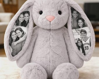 Custom Photo Bunny Plush , Personalized Hidden Ear Picture Bunny Gift for Couples , Anniversary Mother's Day Gifts, Custom Bunny