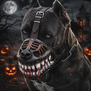 May include: A dark grey dog wearing a brown leather muzzle with a skeletal design. The muzzle features prominent, sharp, white teeth with red blood-like splatters across the surface. The leather straps are secured with a metal buckle.