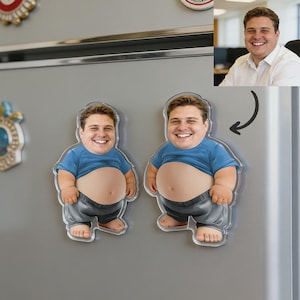 May include: Two refrigerator magnets featuring a smiling person with a cartoonish body. The magnets depict the person wearing a blue shirt and gray pants, with a large belly. The magnets are on a gray refrigerator.