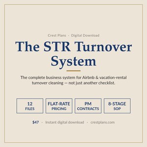 Könnte beinhalten: Ein digitaler Download mit dem Titel The STR Turnover System, ein Geschäftssystem für die Reinigung von Airbnb- und Ferienunterkünften. Es enthält 12 Dateien, Pauschalpreise, PM-Verträge und ein 8-stufiges Standardarbeitsverfahren.
