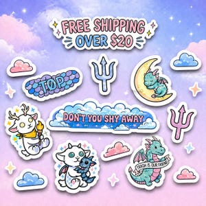 May include: A collection of colorful stickers with whimsical designs. The stickers feature illustrations of a sleeping dragon on a crescent moon, a goat with a torch, and a dragon with a banner that reads "Trash is our friend". Other stickers include text that reads "Top" and "Don't you shy away".