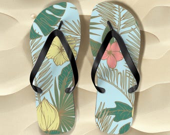 Coastal T Tropical Hibiscus Floral Flip Flops | Palm Leaf Beach Sandals