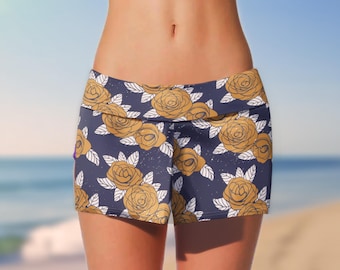 Coastal T Golden Rose Floral Pattern Yoga Shorts