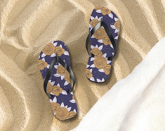 Coastal T Golden Rose Pattern Flip Flops | Floral Navy Background