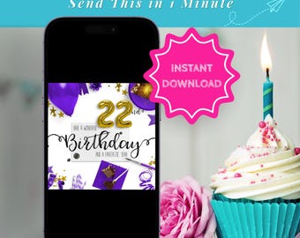 22nd Birthday Card Digital Download Instant File Jpg Image Gold Balloon Number Design Party Invitation Twenty Two Year Celebration Greeting