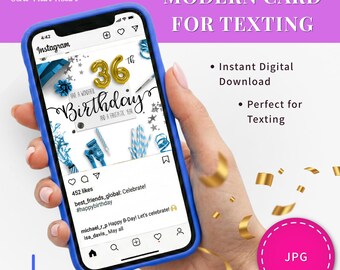 Cartão de aniversário de 36 anos para download digital, cartão eletrônico instantâneo, mensagem de texto, postagem em redes sociais, Instagram, WhatsApp, felicitações, design de celebração, balão dourado.