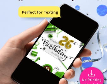 Digital Birthday Card Texting Image Instant Download Twenty Sixth Milestone Celebration Champagne Balloon Gold Confetti Cupcake Illustration