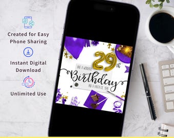 29th Birthday Card Digital Download Instant Greeting File Jpg Colorful Square Balloon Party Celebration Wish Twenty Nine Year Milestone Age