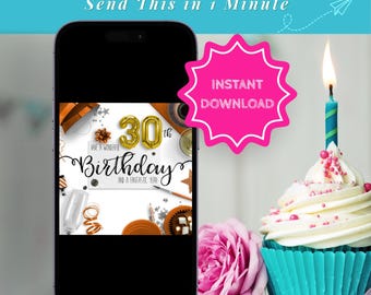 30th Birthday Card Digital Download Instant Greeting Milestone Celebration Turning Thirty Age Wishes Social Media Post Graphic Gold Balloon