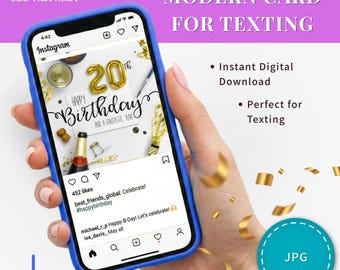 20th Birthday Card Digital Greeting Textable Instant Download File Milestone Celebration Design Gold Balloon Number Twenty Year Wishes