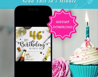 Cartão de aniversário digital para download instantâneo, mensagem de texto de felicitação, comemoração de quarenta e seis anos, arquivo JPG, presente de última hora para quem está longe.