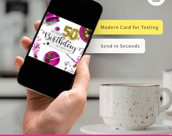 Cartão de aniversário digital para download instantâneo, mensagem eletrônica, felicitações de texto, presente para comemoração de 50 anos, decoração com balões rosa e magenta, cupcake.