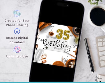 Cartão de aniversário de 35 anos para download digital instantâneo, cartão eletrônico com mensagem de felicitações, celebração com champanhe, balão dourado, marco de trinta e cinco anos. Imagem digital em JPG.