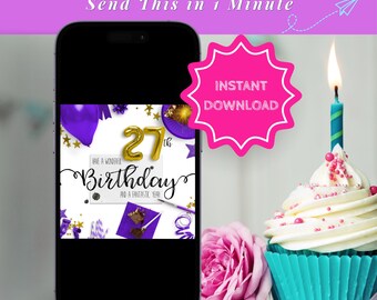 Digital Birthday Card Instant Download 27th Greeting Ecard Gold Balloon Number Twenty Seven Celebration Message Jpg Social Media Post
