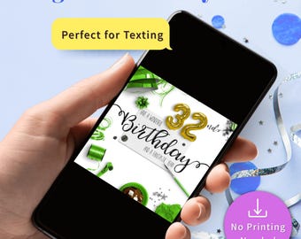 Cartão de aniversário digital para Instagram, postagem em redes sociais, comemoração de 32 anos, download instantâneo, felicitações, balões dourados, decoração floral festiva.