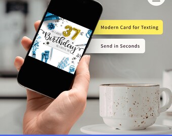 Cartão de aniversário de 37 anos para download digital, mensagem de texto instantânea, felicitações, azul e prata, celebração, desejo, eletrônico, idade, trinta e sete, festa, imagem JPG