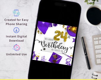 24th Birthday Card Digital Download Instant Textable Greeting Balloon Design Festive Celebration Twenty Fourth Year Milestone