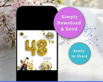 Cartão de aniversário de 48 anos - Download digital instantâneo - Arquivo JPEG - Brinde com champanhe dourado - Cartão eletrônico de felicitações para a celebração do quadragésimo oitavo aniversário