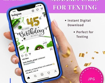 Cartão de aniversário digital para download instantâneo, mensagem de texto eletrônica de felicitações, comemoração do quadragésimo quinto aniversário, balão dourado, número cinco, desejos de feliz aniversário.