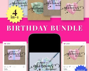 Digital Birthday Card Instant Download Textable Greeting Watercolor Floral Rustic Pastel Heart Artwork Text Message Electronic Celebration