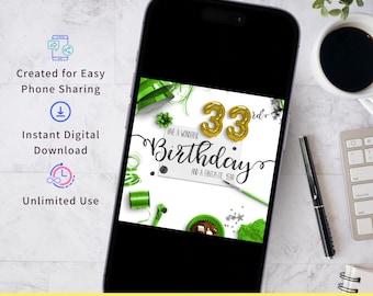 Cartão de aniversário digital para download instantâneo, mensagem de felicitações, compartilhamento de texto, presente para celular, aniversário de 33 anos, celebração de marco, design com número do ano.