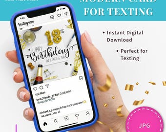 Digital Birthday Card Milestone Graphic Design Gold Balloon Eighteenth Teen Celebration Blue Party Virtual Downloadable Image Greeting