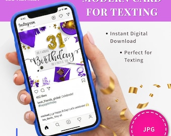 Cartão de aniversário digital para a 31ª celebração, com design para download instantâneo, mensagem de felicitações, imagem para postagem em redes sociais, balão com número e confete dourado.