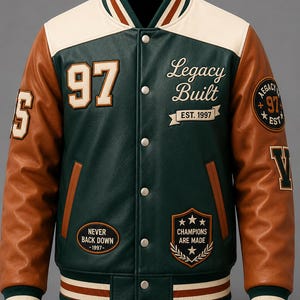Op de afbeelding: Een donkergroen en bruin varsity-jack met crèmekleurige schouders. Het bevat de tekst "97", "Legacy Built", "EST. 1997", "NEVER BACK DOWN -1997-" en "CHAMPIONS ARE MADE" met ster- en lauwerkransafbeeldingen. Het jack heeft drukknopen en gestreepte boorden.