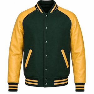 Puede incluir: Una chaqueta universitaria con cuerpo de lana verde oscuro y mangas amarillas en contraste. La chaqueta incluye un cierre frontal de botones a presión, dos bolsillos laterales con ribete amarillo y puños y dobladillo acanalados con rayas amarillas.