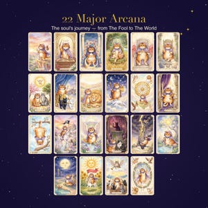 Puede incluir: Un conjunto de 22 cartas de tarot de los Arcanos Mayores, cada una con ilustraciones de gatos en diversas escenas. Las cartas tienen un fondo azul oscuro con texto dorado que dice "22 Major Arcana" y "The soul's journey - from The Fool To The World."
