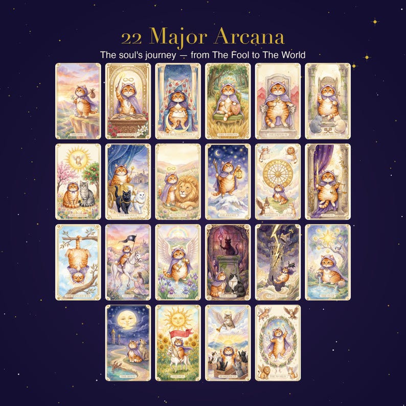 Puede incluir: Un conjunto de 22 cartas de tarot de los Arcanos Mayores, cada una con ilustraciones de gatos en diversas escenas. Las cartas tienen un fondo azul oscuro con texto dorado que dice "22 Major Arcana" y "The soul's journey - from The Fool To The World."