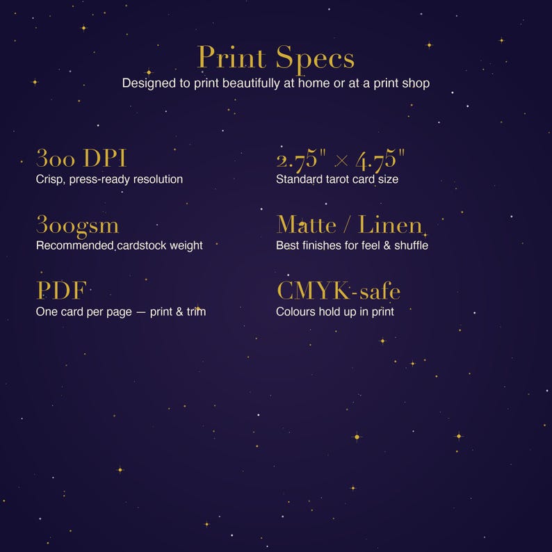 Puede incluir: Gr&aacute;fico de especificaciones de impresi&oacute;n sobre un fondo azul oscuro con estrellas doradas. El texto incluye "300 DPI", "2.75" x 4.75"", "300gsm", "Matte / Linen", "PDF" y "CMYK-safe". El texto describe especificaciones de impresi&oacute;n para cartas del tarot.