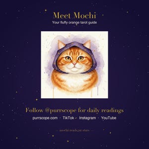 Puede incluir: Ilustraci&oacute;n en acuarela de un gato atigrado naranja con una capa con capucha morada. El texto dice "Meet Mochi, Your fluffy orange tarot guide." Texto adicional promociona lecturas diarias y enlaces de redes sociales.
