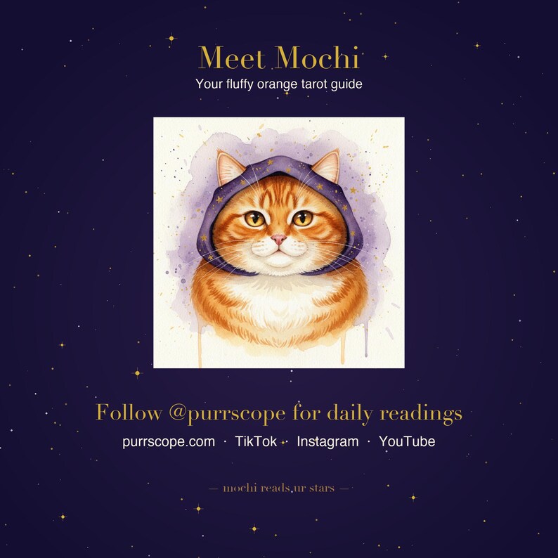 Puede incluir: Ilustraci&oacute;n en acuarela de un gato atigrado naranja con una capa con capucha morada. El texto dice "Meet Mochi, Your fluffy orange tarot guide." Texto adicional promociona lecturas diarias y enlaces de redes sociales.