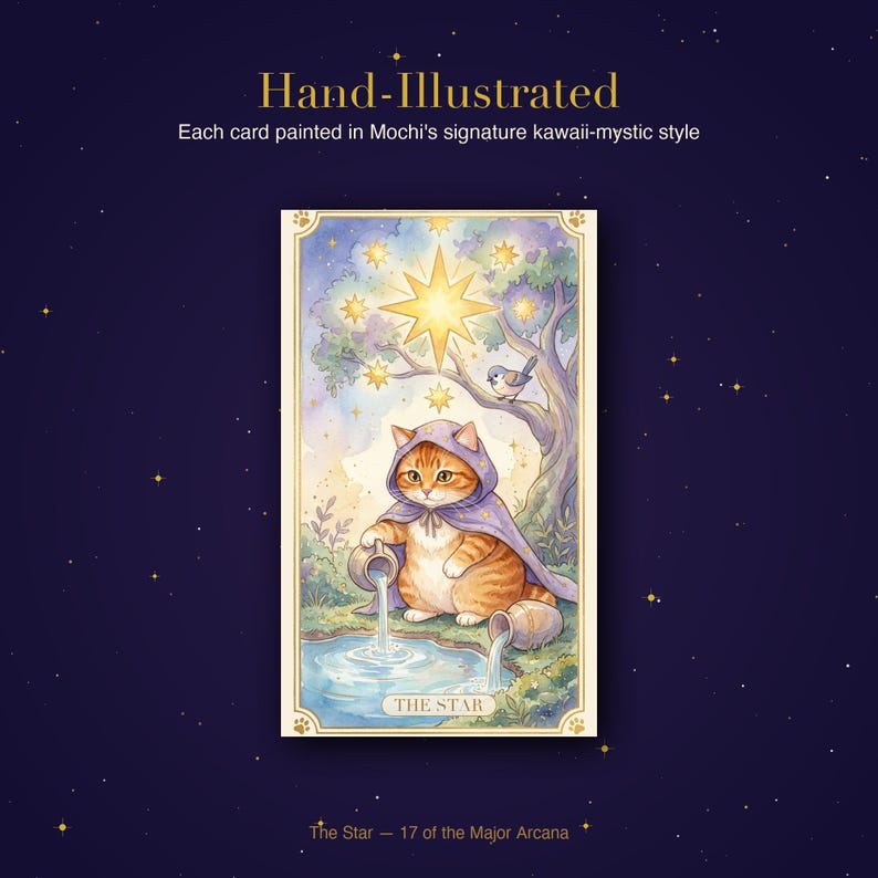 Puede incluir: Una carta de tarot ilustrada a mano con un gato atigrado con una capa con capucha morada, vertiendo agua en un estanque. La carta se titula "La Estrella" e incluye una gran estrella, un &aacute;rbol y un p&aacute;jaro peque&ntilde;o. La carta es parte de los Arcanos Mayores.
