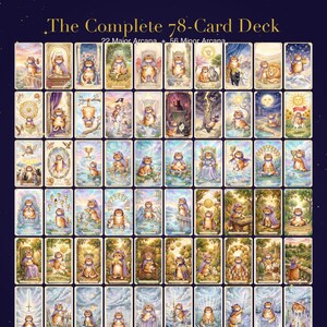 Puede incluir: Una baraja completa de tarot de 78 cartas. Cada carta presenta un gato ilustrado en varias escenas. La baraja incluye 22 Arcanos Mayores y 56 Arcanos Menores. Las cartas tienen un esquema de color p&uacute;rpura y dorado.