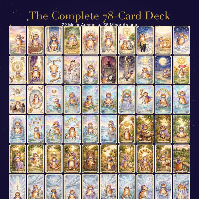 Puede incluir: Una baraja completa de tarot de 78 cartas. Cada carta presenta un gato ilustrado en varias escenas. La baraja incluye 22 Arcanos Mayores y 56 Arcanos Menores. Las cartas tienen un esquema de color p&uacute;rpura y dorado.