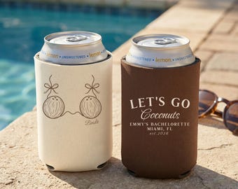 Enfriador de latas Let’s Go Coconuts para despedida de soltera, recuerdo personalizado para fiesta en la playa, funda personalizada para bebidas de despedida de soltera, regalo tropical para el grupo de amigas de la novia