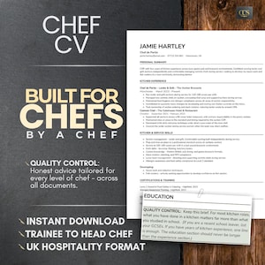 Puede incluir: Un modelo de currículum vitae profesional para chefs, con el texto "CHEF CV" y "BUILT FOR CHEFS BY A CHEF." El documento incluye secciones de experiencia en cocina, habilidades y certificaciones, formato UK.