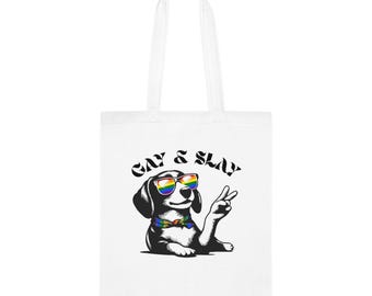 Gay & Slay Pride Puppy Tote, Cotton Tote | Rainbow Sunglasses Peace Sign