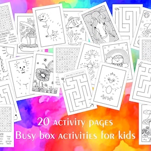 May include: A collection of 20 black and white activity pages for kids, featuring mazes, connect-the-dots, word searches, and coloring pages. The pages have various themes, including animals, nature, and objects. The text on the image reads "20 Activity Pages Busy box Activities for kids."