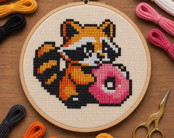 Raccoon Eating A Donut Cross Stitch Pattern (Digital Download)