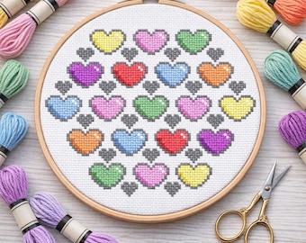 Pastel Hearts Cross Stitch Pattern, Downloadable Pattern