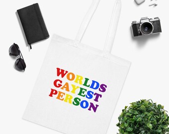Worlds Gayest Person Cotton Tote | Rainbow Pride Typography Bag