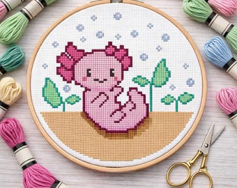Cute Underwater Axolotl Cross Stitch Pattern (Digital Download)