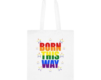 Born This Way rainbow typography Tote Bag | Pride rainbow stars cotton tote