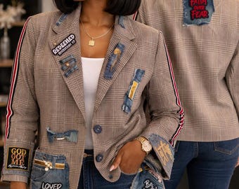 Faith & Fashion" Distressed Plaid Statement Blazer