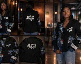 Anpassad svart kavaj | Slitstarkt denimmönster med Faith Patchwork | "JESUS Saves" Streetwear