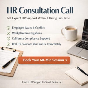 May include: An advertisement for HR consultation services. The image features a laptop, coffee cup, notepad, and clipboard with a pen. Text includes "HR Consultation Call" and "Book Your 60-Min Session >". The ad promises expert HR support.